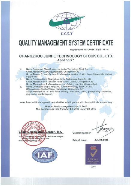 China Changzhou Junhe Technology Stock Co.,Ltd Certificações